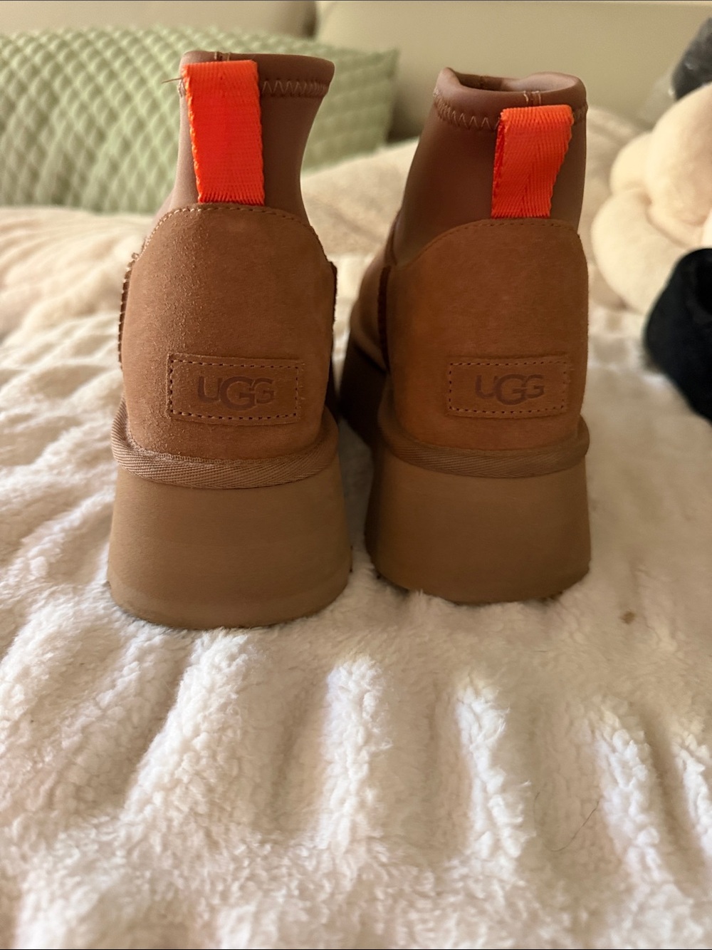 UGG woman’s Chestnut Suede platform Boots with Bright Orange Pull Tabs